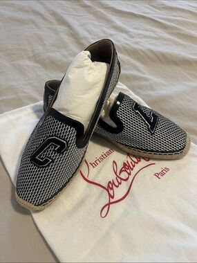 Christian Louboutin Black & White Woven 'C' Slip-On Espadrilles